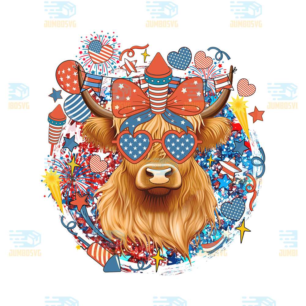 America-Highland-Cow-4th-Of-July-Png