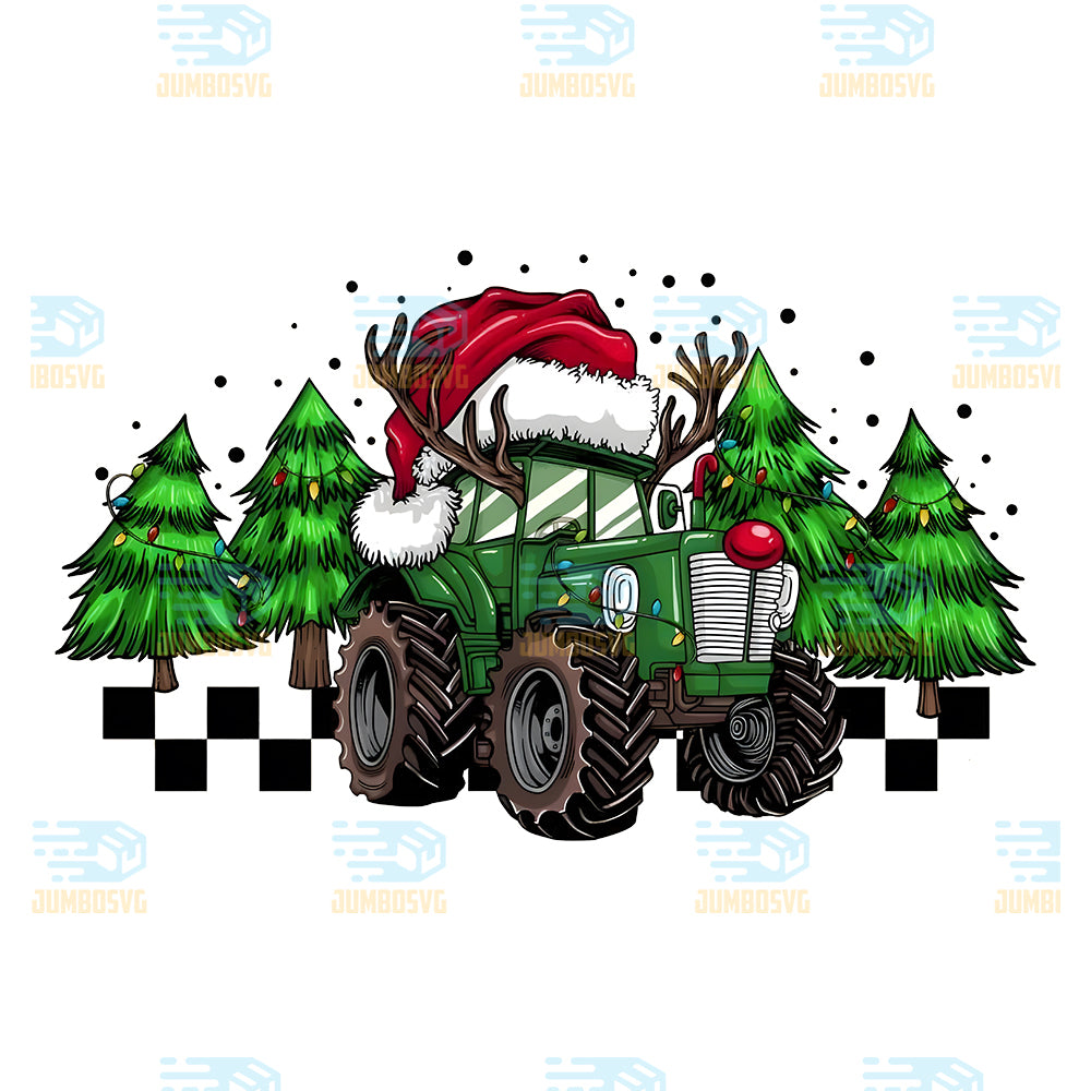 Christmas-Tractor-With-Santa-Hat-And-Reindeer-Antlers-Png