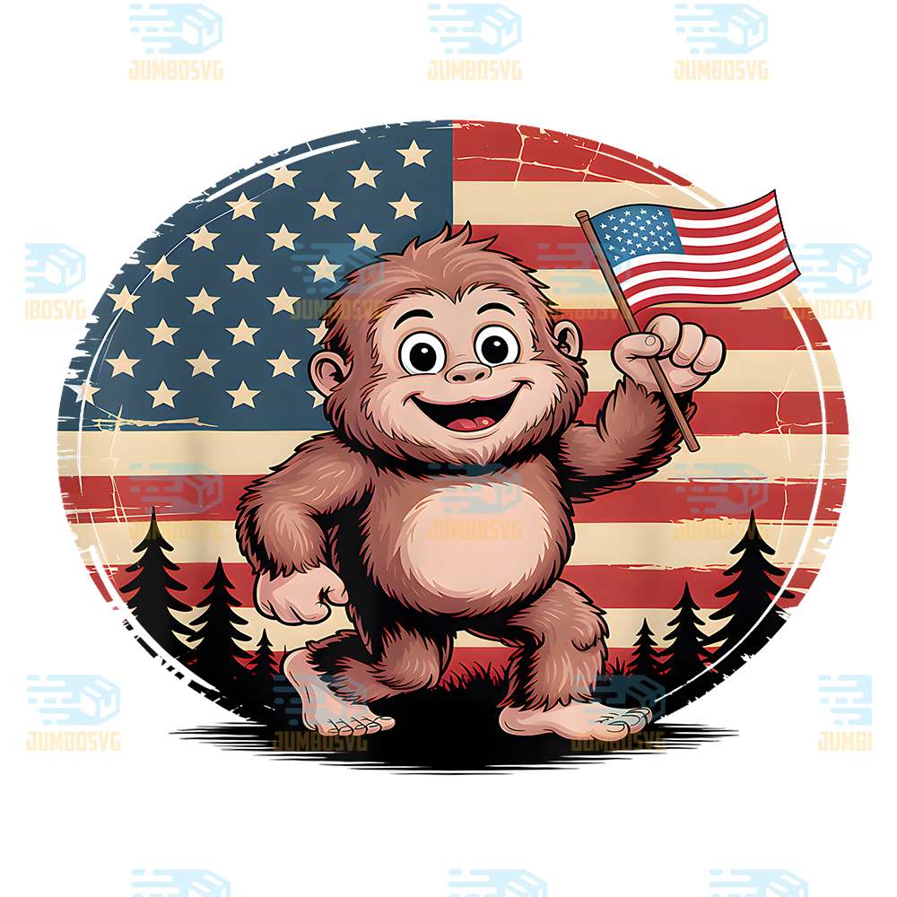 Cute-Patriotic-Baby-Bigfoot-Holding-Flag-4th-Of-July-Png
