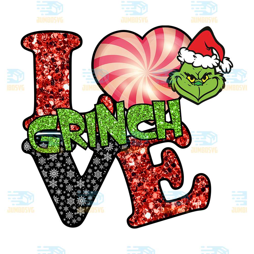 Glitter-Love-Candy-Heart-With-Grinch-Santa-Hat-Png