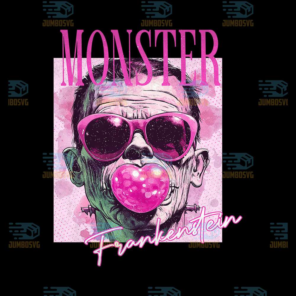 Retro-Halloween-Horror-Frankenstein-Characters-Blowing-Bubble-Png