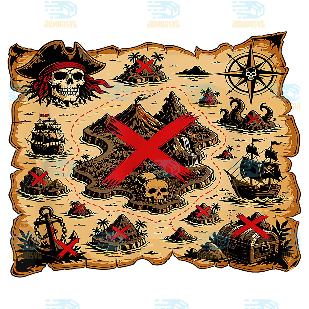 Skull-Island-Pirate-Map-Red-X-Treasure-Hunt-Png