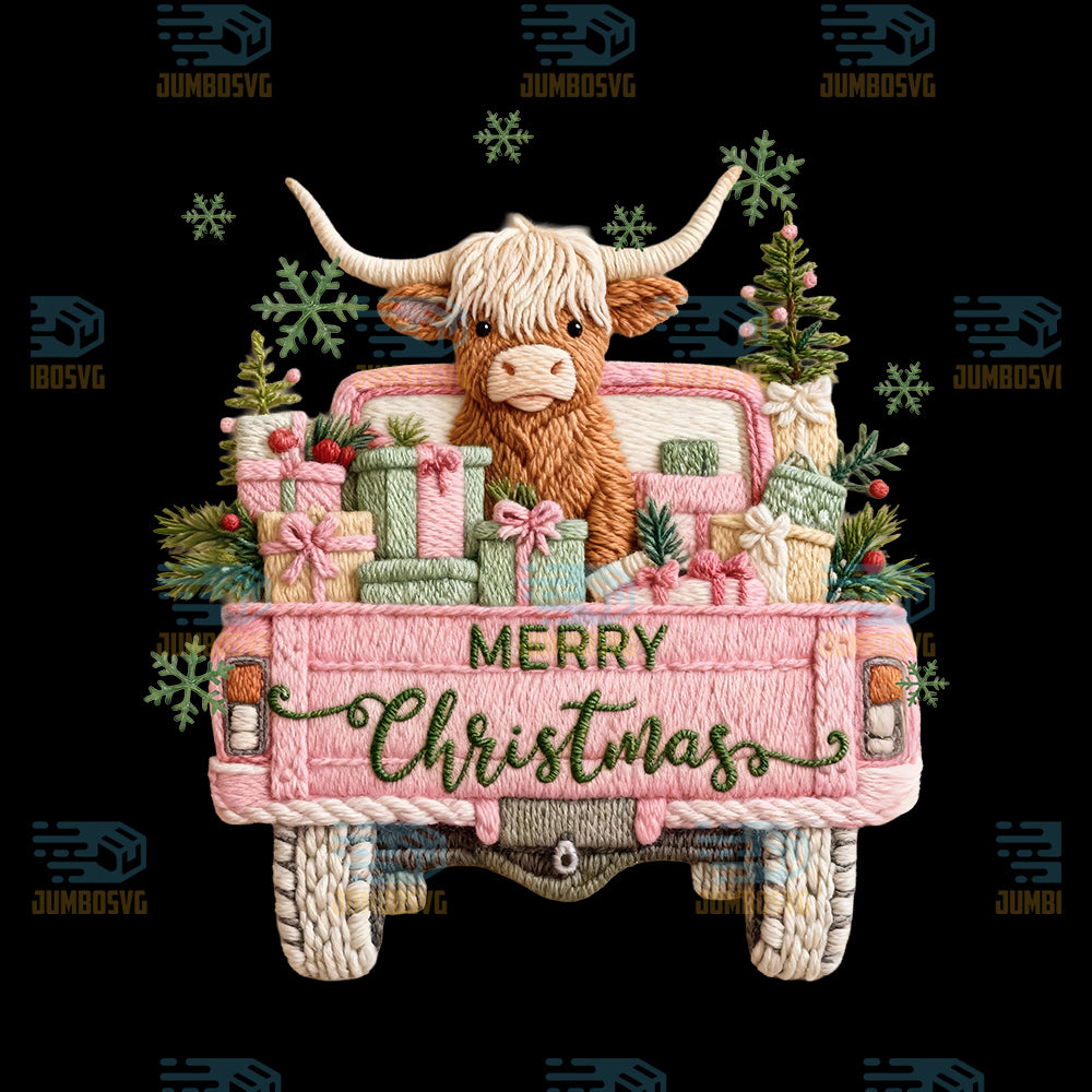 Truck-Highland-Cow-Merry-Christmas-Yarn-Crochet-Christmas-Png