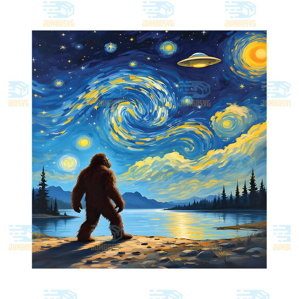 Van-Gogh-Style-Bigfoot-Gazing-At-UFO-Starry-Night-Mystery-Png