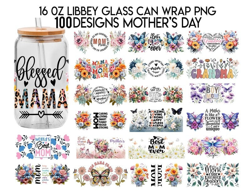 100 Designs Blessed Mama 16oz Libbey Glass Can, Mama Butterfly Flower Frosted Glass, Mom Mode Libbey Cup, Mother's Day Digital Download