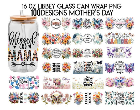 100 Designs Blessed Mama 16oz Libbey Glass Can, Mama Butterfly Flower Frosted Glass, Mom Mode Libbey Cup, Mother's Day Digital Download