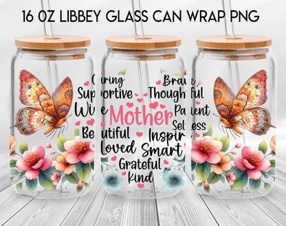 100 Designs Blessed Mama 16oz Libbey Glass Can, Mama Butterfly Flower Frosted Glass, Mom Mode Libbey Cup, Mother's Day Digital Download