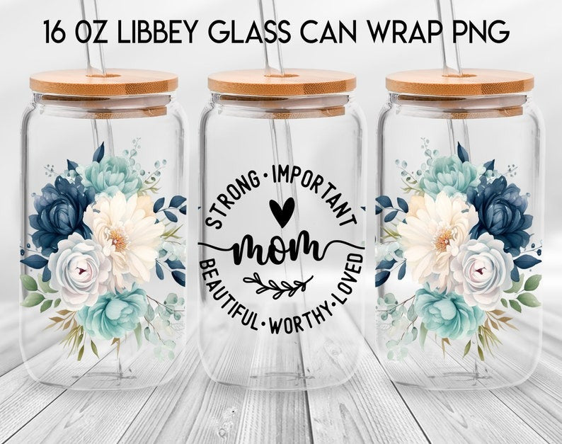 100 Designs Blessed Mama 16oz Libbey Glass Can, Mama Butterfly Flower Frosted Glass, Mom Mode Libbey Cup, Mother's Day Digital Download