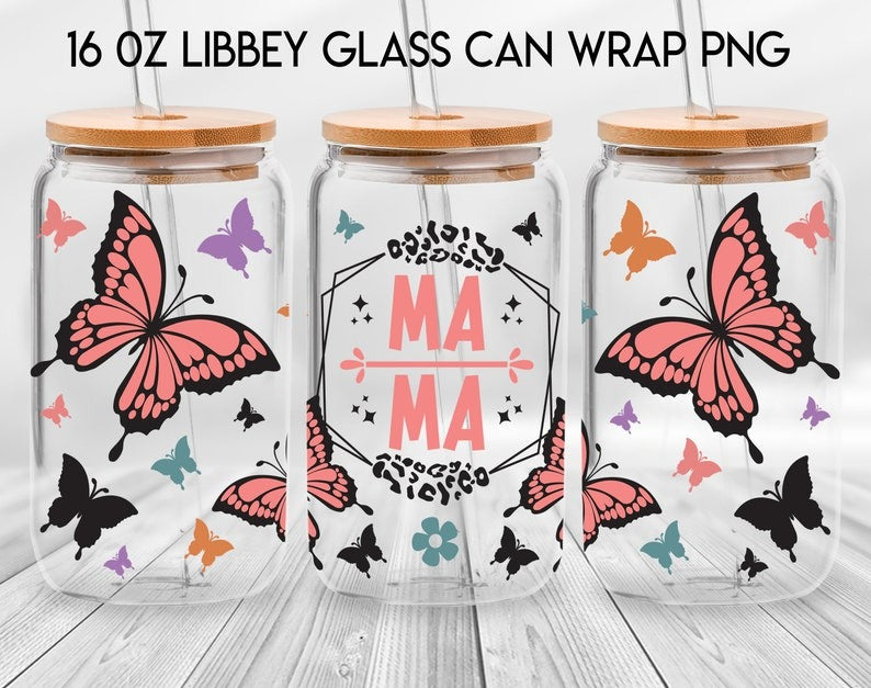 100 Designs Blessed Mama 16oz Libbey Glass Can, Mama Butterfly Flower Frosted Glass, Mom Mode Libbey Cup, Mother's Day Digital Download