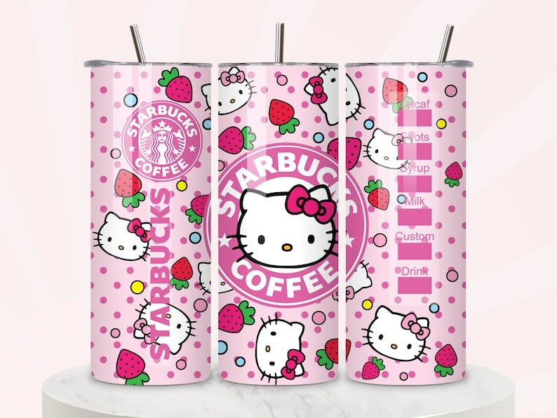 100 Kitty Coffee Tumbler Bundle, Cartoon Tumbler, Tumbler Wrap, Spring Flower Pink Cat PNG, 20oz Straight Skinny Wrap, Full Tumbler Wrap