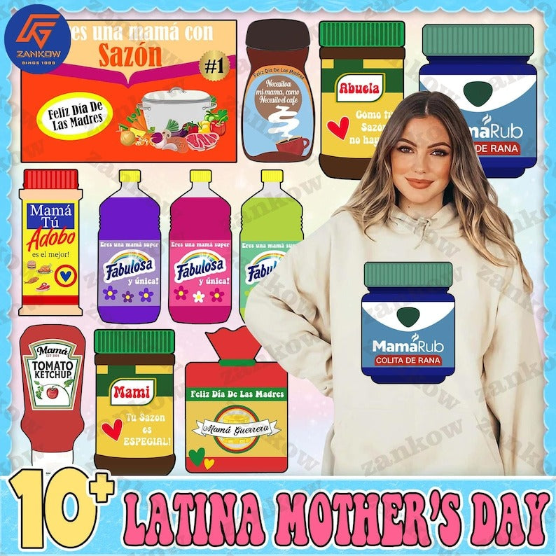 10 Latina Mom Bouquet Toppers Bundle, Mama tu saxon es unico, Fabulosa, Mama Guerrera, VapoRub Mom, Instant Download PNG, Abuela Latina