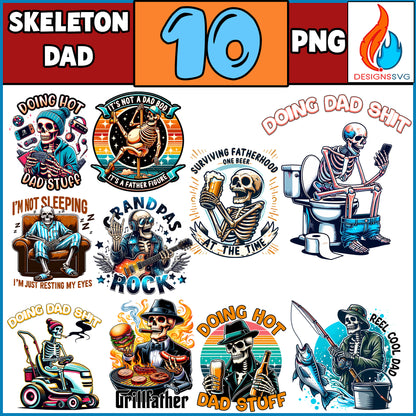 10 Skeleton Dad Png Bundle, Beer Dad Bod Png, Funny Skeleton Doing Dad Shit, Trendy Father's Day T-Shirt Mug Retro for Men Png, Digital File