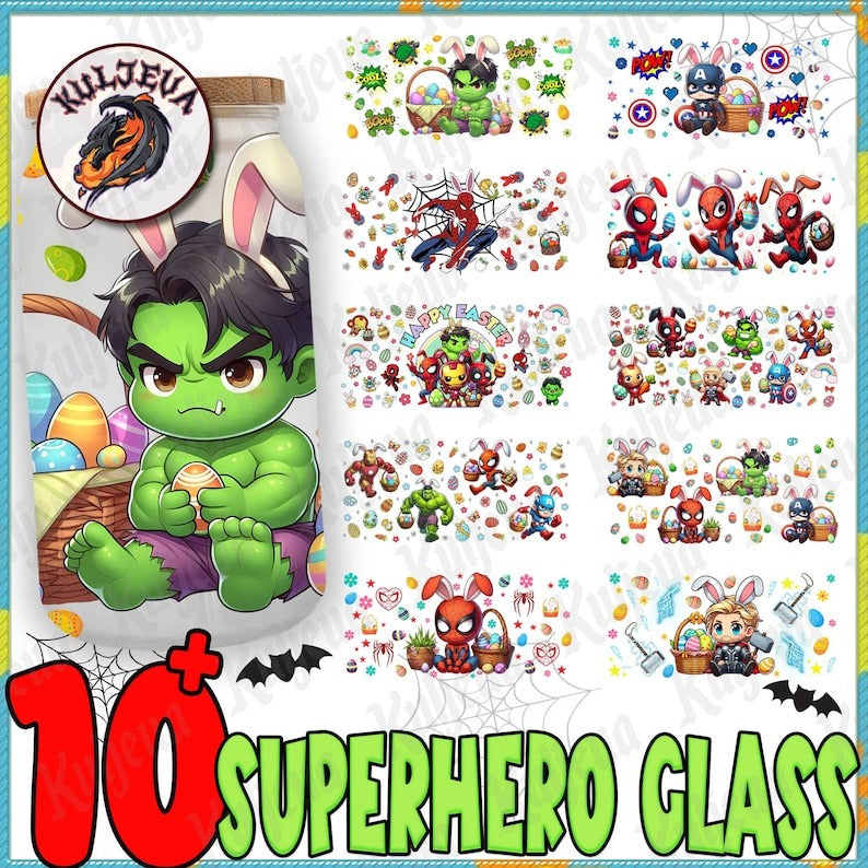 10 Superhero Cartoon Easter Glass Can Wrap Bundle, Easter Super Girls Libbey 16oz Glass Can Png, Easter Super Game Png, Instant Download