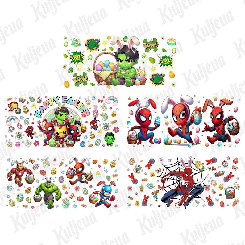 10 Superhero Cartoon Easter Glass Can Wrap Bundle, Easter Super Girls Libbey 16oz Glass Can Png, Easter Super Game Png, Instant Download