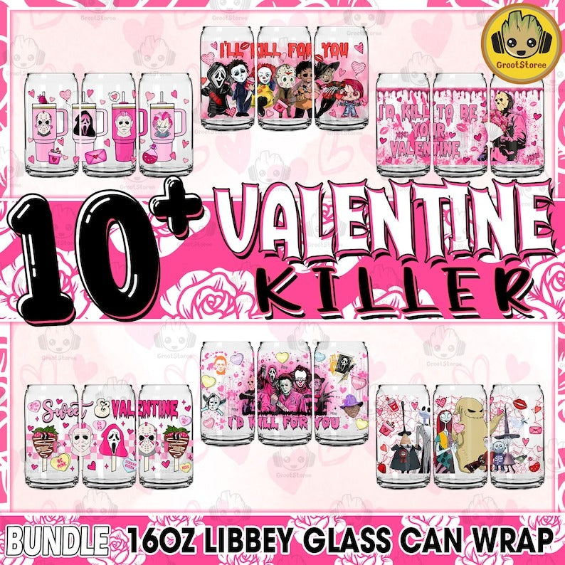 10+ Horror Valentine Movie 16 oz Glass Can Sublimation Design Bundle, Funny Valentine Movie Libbey Glass Wrap, Digital Download.1