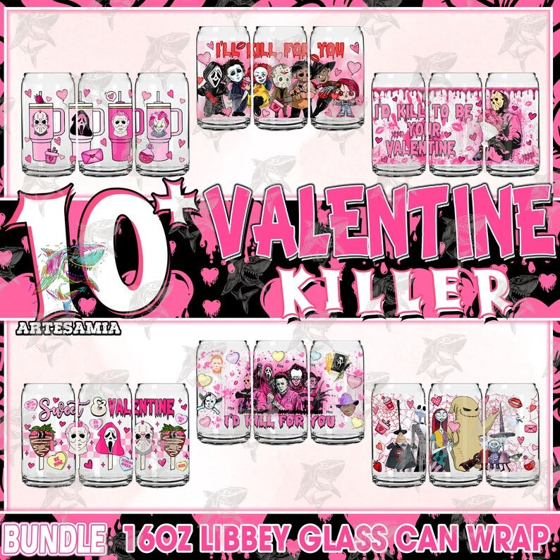 10+ Horror Valentine Movie 16 oz Glass Can Sublimation Design Bundle, Funny Valentine Movie Libbey Glass Wrap, Digital Download.1