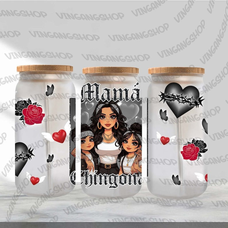 10+ Mama Chingona 16oz Glass Can Wrap, Gift For Mom Libbey Glass Wrap, Mother’s Day Glass UV DTF Cup Wrap Design, Instant Download