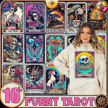 10+ Snarky Funny Tarot Card Bundle, Woman Skeleton Mother Sublimation Design, Witchy Vibes Skull Mama PNG File, Snarky Funny, Digital File