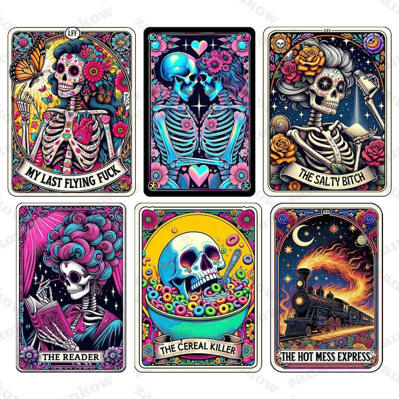 10+ Snarky Funny Tarot Card Bundle, Woman Skeleton Mother Sublimation Design, Witchy Vibes Skull Mama PNG File, Snarky Funny, Digital File