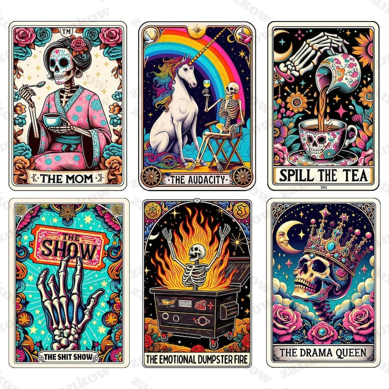 10+ Snarky Funny Tarot Card Bundle, Woman Skeleton Mother Sublimation Design, Witchy Vibes Skull Mama PNG File, Snarky Funny, Digital File