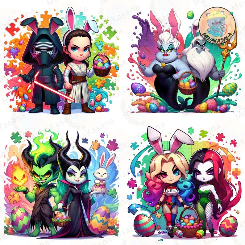 10+ Villain Couple Cartoon Easter PNG Bundle, Happy Easter Day Png, Cartoon Easter Png, Funny Chibi Easter Png, Digital Download