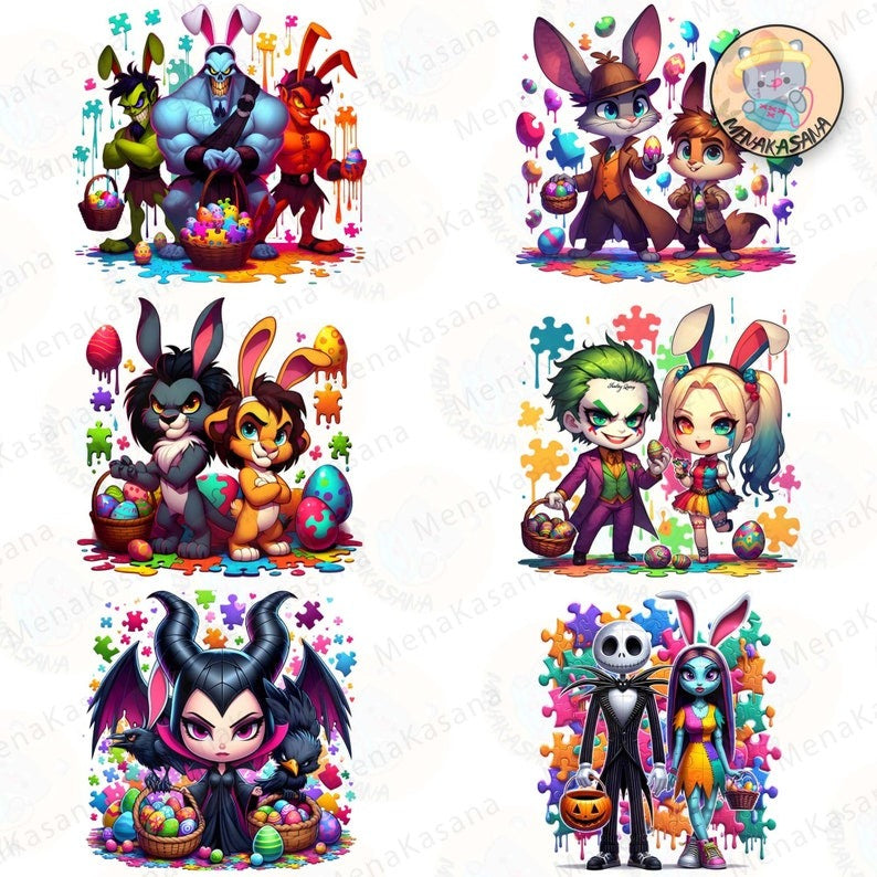 10+ Villain Couple Cartoon Easter PNG Bundle, Happy Easter Day Png, Cartoon Easter Png, Funny Chibi Easter Png, Digital Download