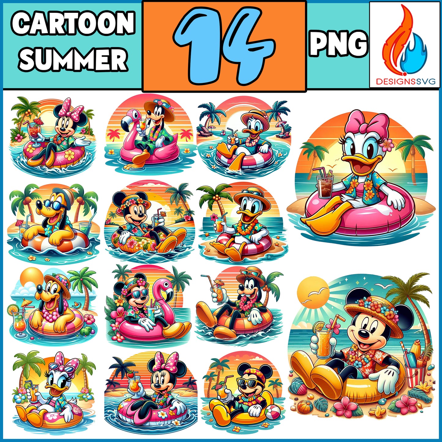 14 Designs Cartoon Character's Summer Png Bundle, Funny Summer Png, Summer Vacation Png Bundle, Gift For Summer, Png Format, Digital File