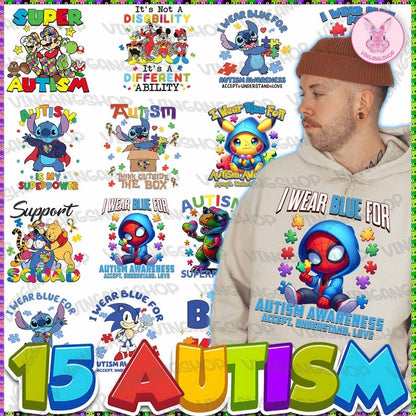 15 Autism Awareness Png Bundle, Autism Puzzle Png, Character Cartoon Autism Mouse And Friends, Super Hero Autism Png, Instant Download