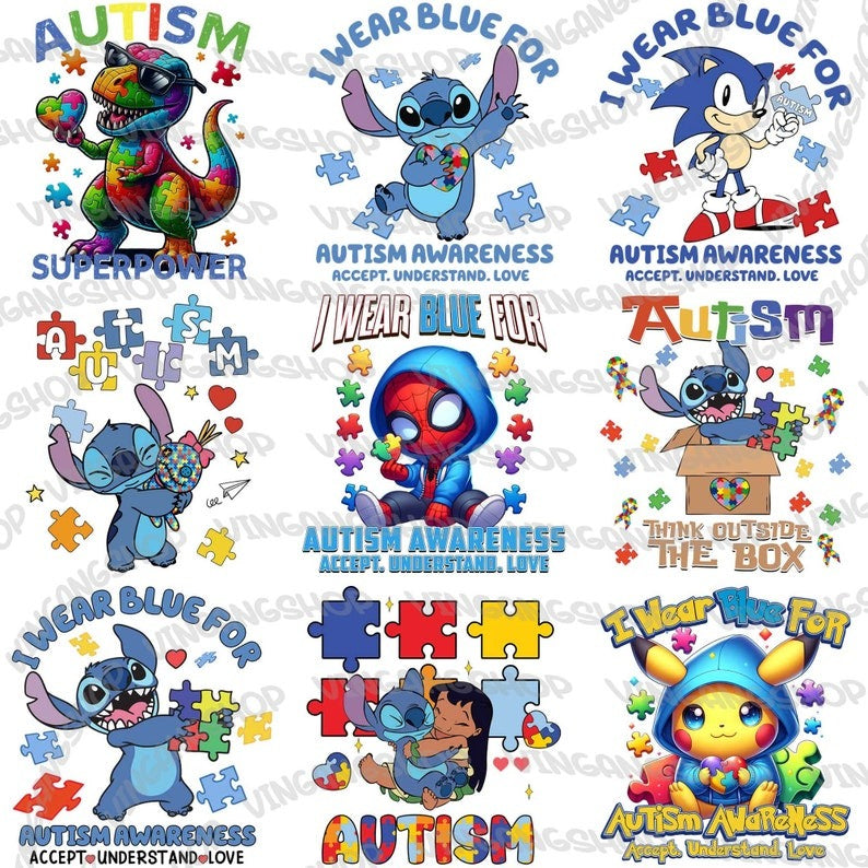 15 Autism Awareness Png Bundle, Autism Puzzle Png, Character Cartoon Autism Mouse And Friends, Super Hero Autism Png, Instant Download