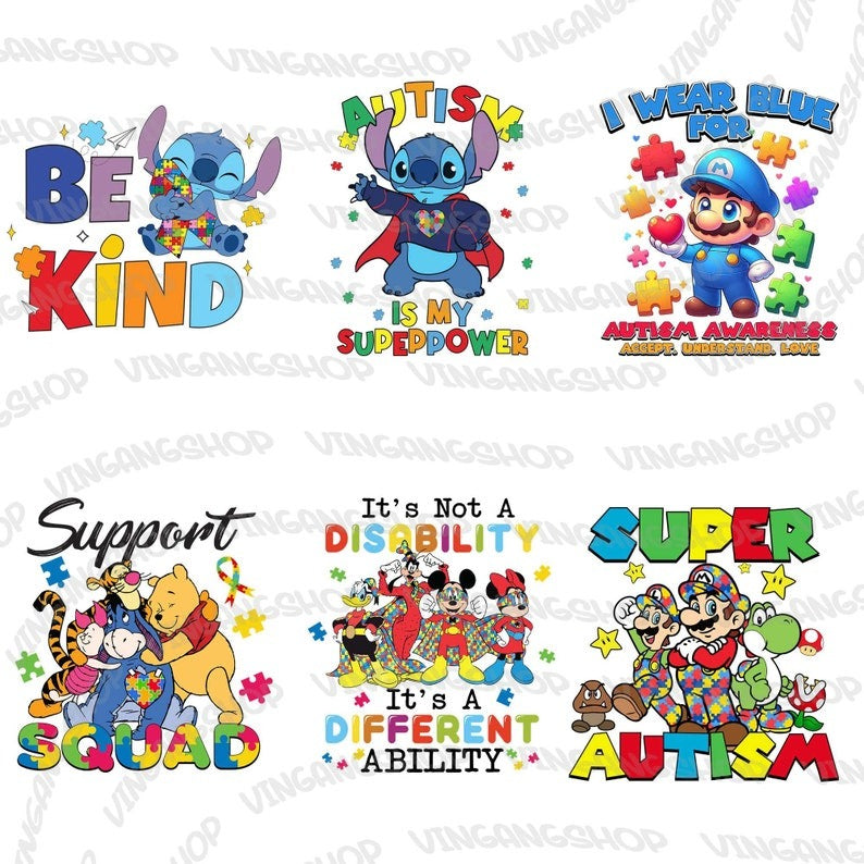 15 Autism Awareness Png Bundle, Autism Puzzle Png, Character Cartoon Autism Mouse And Friends, Super Hero Autism Png, Instant Download