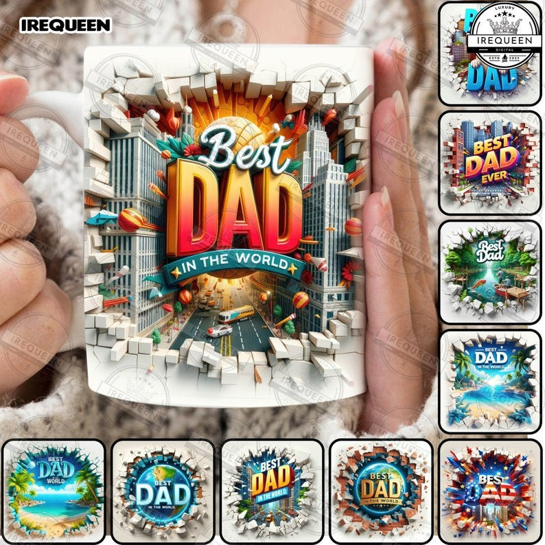 15+ 3D Best Dad Mug Wrap Bundle 11oz 3D hole in a wall Happy Father's Day Design Sublimation 11 Oz Mug Wrap Template, Digital File