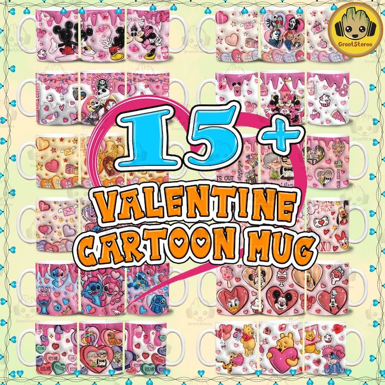 15+ 3D Inflated Valentine Cartoon 11oz Mug Wrap Bundle, Puff Valentine Sweet Heart Mug Wrap Design, Happy Valentine Day 11oz Mug Wrap.1