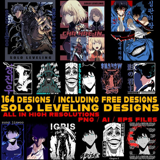 164 Designs Solo Leveling Bundle Pack Designs and Free Designs , High Resolution Anime Design , Anime PNG , DTF DTG and Sublimation Printing