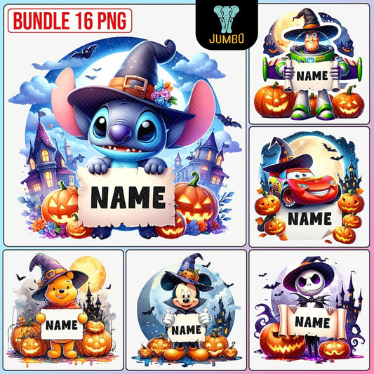 16PersonalizedNameCartoonHalloweenCharactersPngBundle