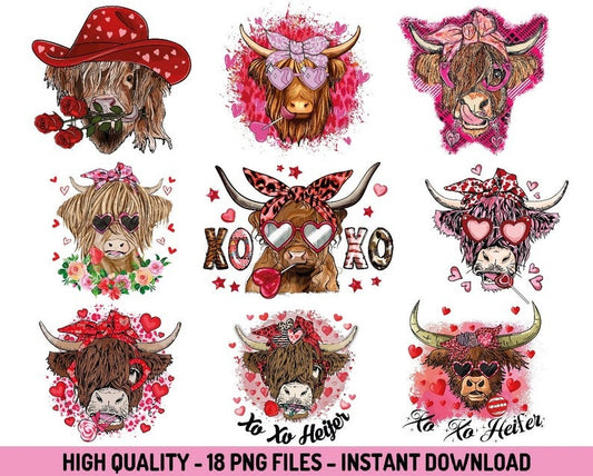 18 Heifer Valentine Png, Highland Cow Valentine Png, Valentine Day Western Country Png, Love Cow Valentines Day Png, love Sublimation Design