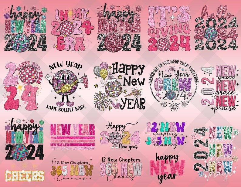 20+ Designs Happy New Year Glitter Sequins Png Bundle, New Year 2024 Png, Disco New Year Sublimation, Holiday Retro