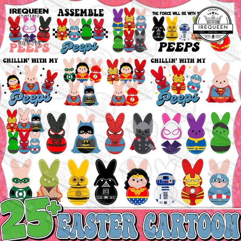 25+ Easter Cartoon Png Bundle, Easter Superhero Png, Cartoon Peeps Png, Happy Easter Day Png, Easter Kids Shirt Png, Digital File