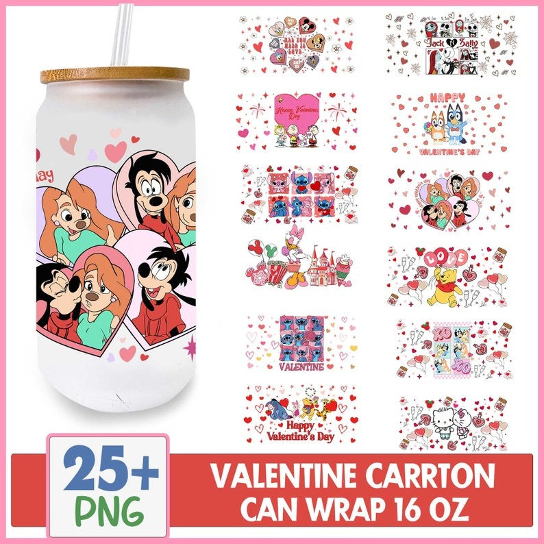 25+ Valentine Can Wrap 16oz Bundle, Retro Valentines Can Wrap, Valentines Cartoon 16oz Glass Can Wrap Png, Valentines Candy Heart Glass Can