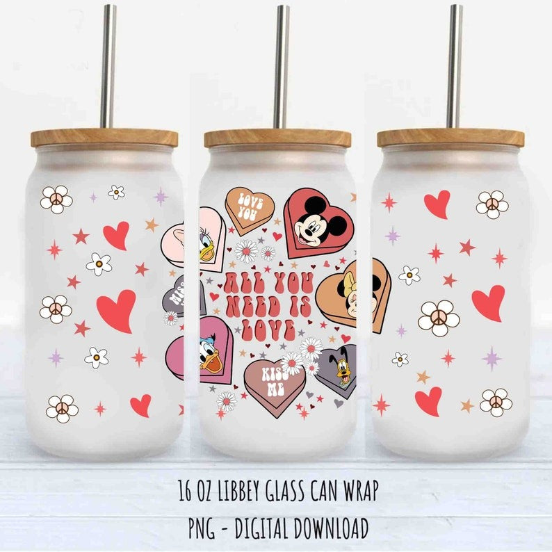 25+ Valentine Can Wrap 16oz Bundle, Retro Valentines Can Wrap, Valentines Cartoon 16oz Glass Can Wrap Png, Valentines Candy Heart Glass Can