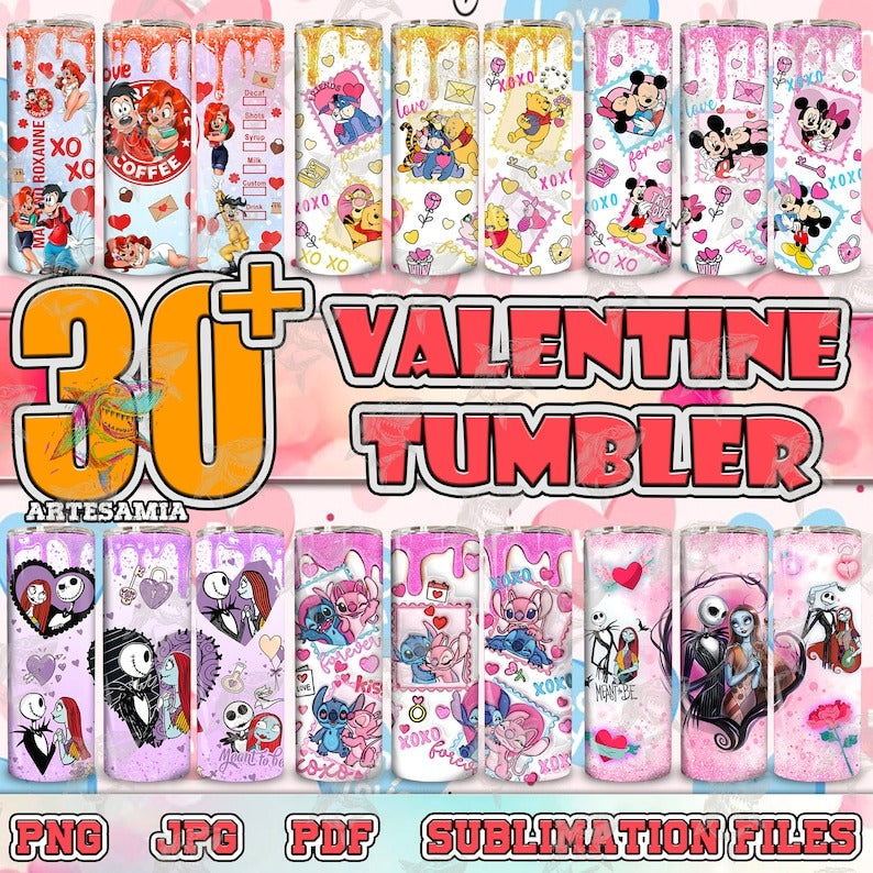 30 Cartoon Valentine Couple Tumbler Design PNG Bundle, 3D Inflated Valentine Tumbler Wraps, Balloon 20oz Skinny Tumbler, Digital Download.1