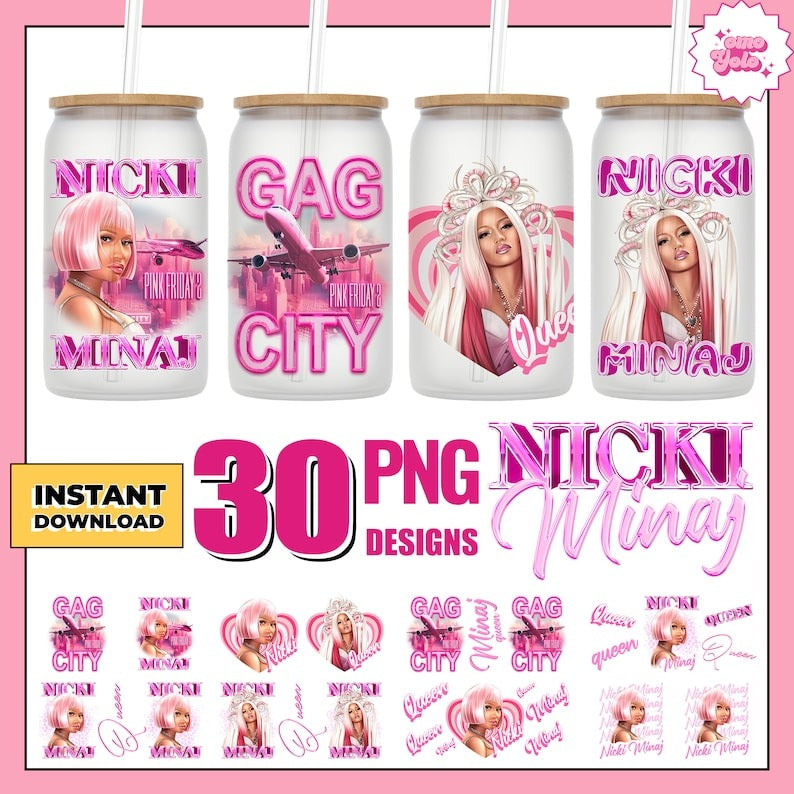 30 GAG City Nicki Minaj 16 Oz UvDtf Can Glass Wrap Png Bundle, Queen Rap Libbey Coffee Cup as Fans gifts Digital Download, Commercial Use