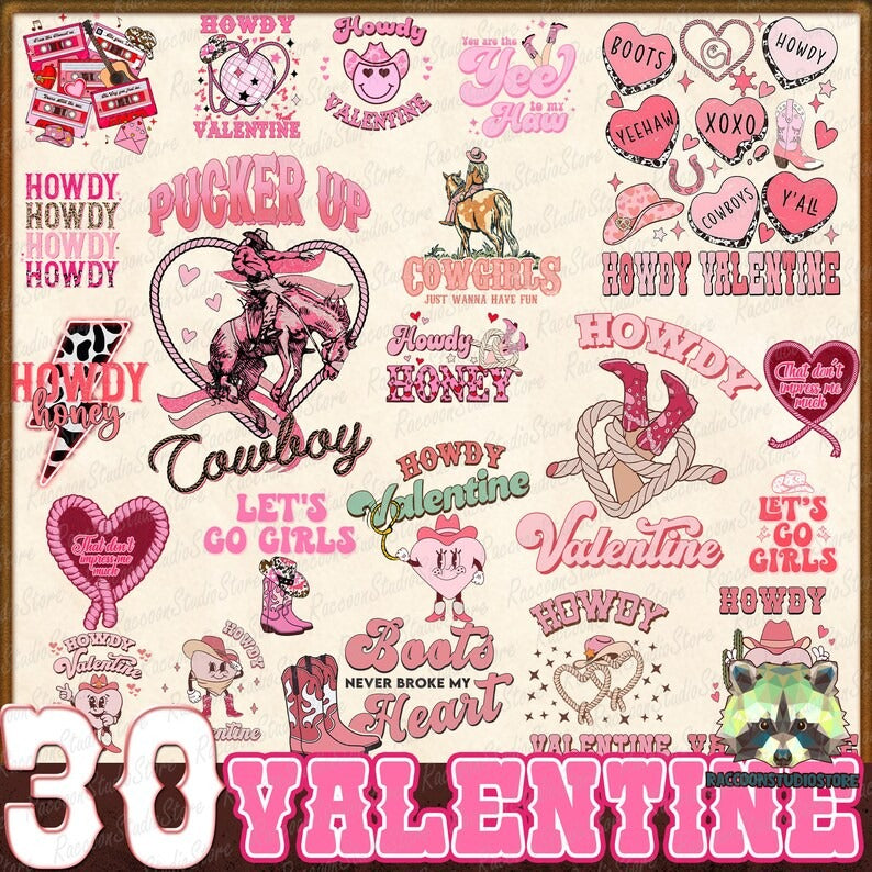 30 Retro Valentine PNG Bundle, Western Valentine Png, XOXO Retro Png, Find Me A Cowboy Valentine, Valentine's Day Howdy, Digital Download