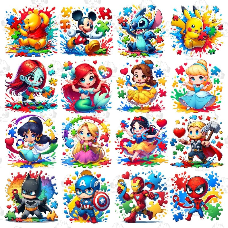 30+ Autism Awareness Cartoon Png Bundle, Autism Puzzle Png, Character Cartoon Autism Mouse And Friends, Super Hero Autism Png, Digital File