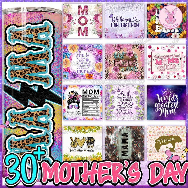 30+ Happy Mother's Day Tumbler Wrap Bundle 20oz Skinny Straight Tumbler Sublimation, Mama Mom Life PNG Boho Floral Glitter, Instant Download