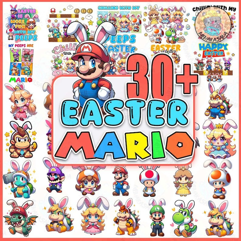 30+ Super Mario Character Bunny PNG, Happy Easter Day Png, Easter Chibi Cartoon PNG, Easter Peeps PNG Bundle, Digital Download