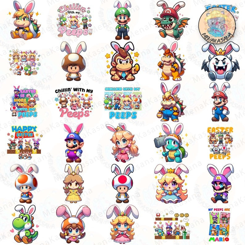 30+ Super Mario Character Bunny PNG, Happy Easter Day Png, Easter Chibi Cartoon PNG, Easter Peeps PNG Bundle, Digital Download