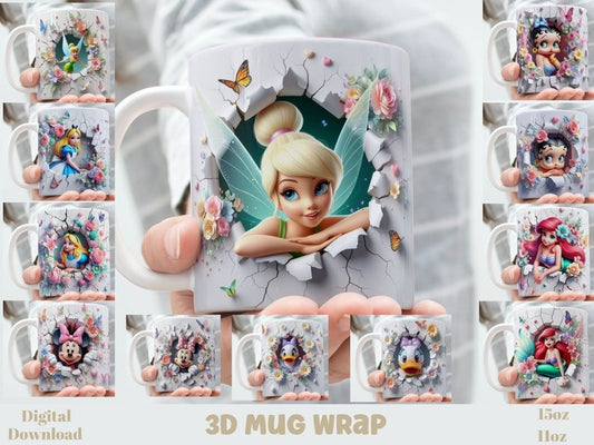 3D Effect Classic Girl Cartoon Character Mug Wrap, 11 oz & 15 oz Mug Bundle Sublimation Wrap, Instant Digital Download, PNG Template