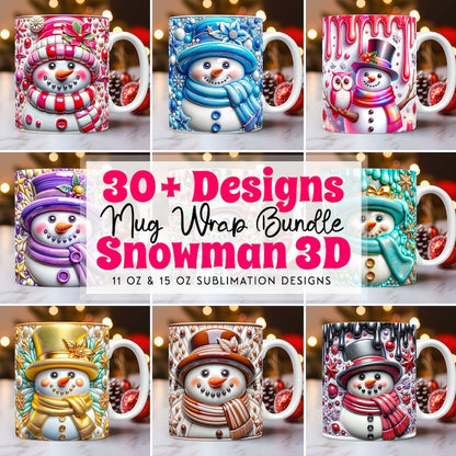 3D Snowman Mug Wrap Christmas Bundle Mug Wrap Sublimation Designs PNG, 11oz and 15oz Mug Template, Cute 3D Christmas Mug Wrap - Jumbosvg