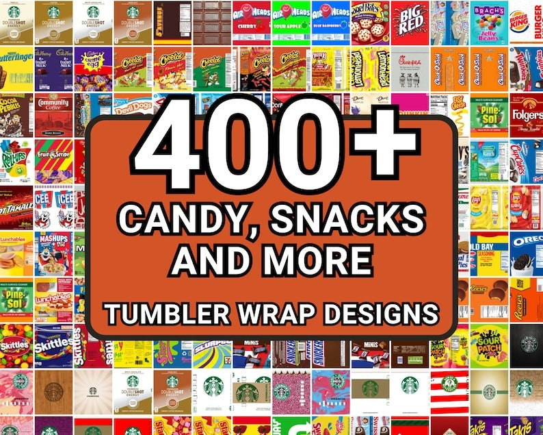 400+ Candy Snacks Brand Tumbler Wrap Designs, Snacks Candies 20oz Sublimation Skinny Tumbler PNG, Print Shop Starter Pack, Bestseller Bundle - Jumbosvg