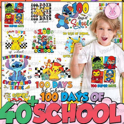 40+ 100 Days Of School Cartoon PNG Bundle, Happy 100 Days Of School Png, Custom Kid Name Png, Cartoon Kid Shirt Design, Instant Download